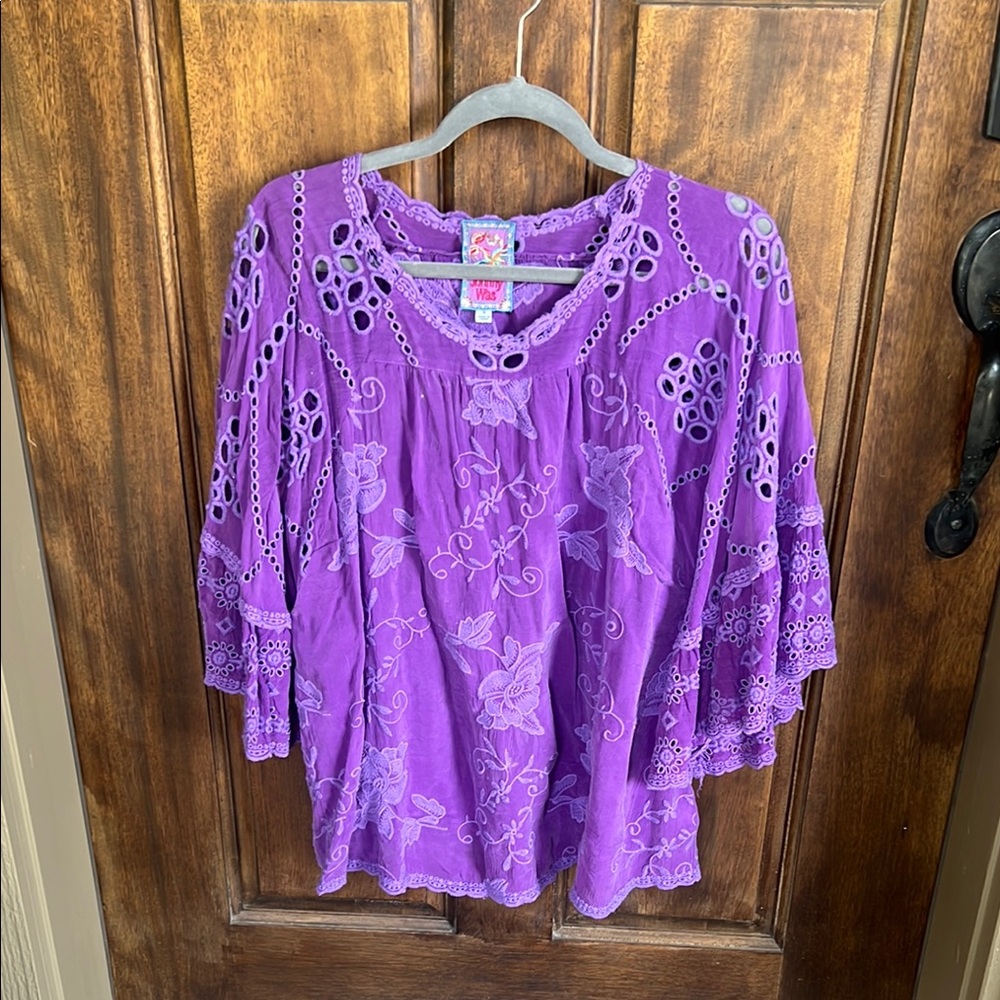 Johnny Was Purple Flutter Sleeve Blouse with Ruffled Details